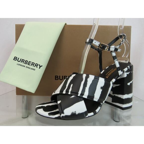 NIB BURBERRY CASTLEBAR BLACK WHITE LEATHER BUCKLE STRAP SANDAL PUMPS 37 ITALY - Picture 3 of 12